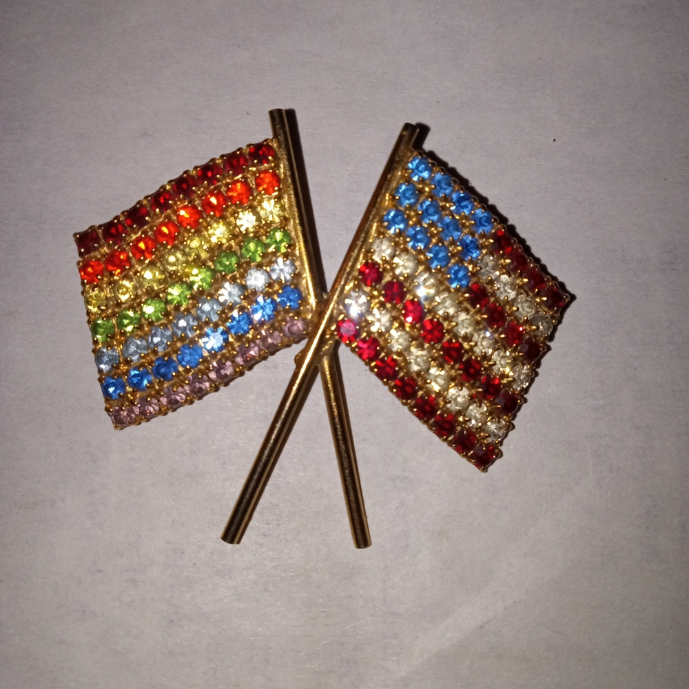 Vintage Rhinestone American Flag With Gay Pride Flag Pin Brooch
